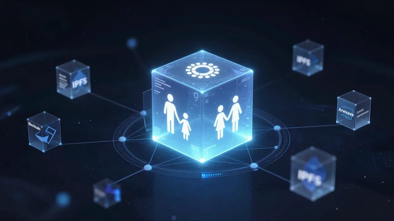 Visualização futurista de armazenamento descentralizado seguro